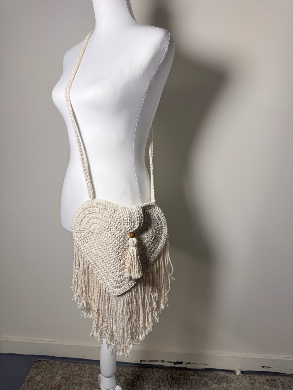 Boho Crochet Crossbody Bag | Handmade Fringe Purse | Cream Knit Shoulder Bag